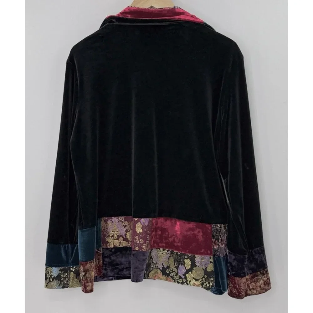 Notations‎ Black Velvet Patchwork Jacquard Bohemian Button Jacket L Art To Wear